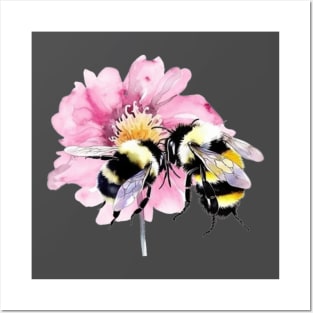 Bees in Watercolor Sitting on A Pink Flower Posters and Art